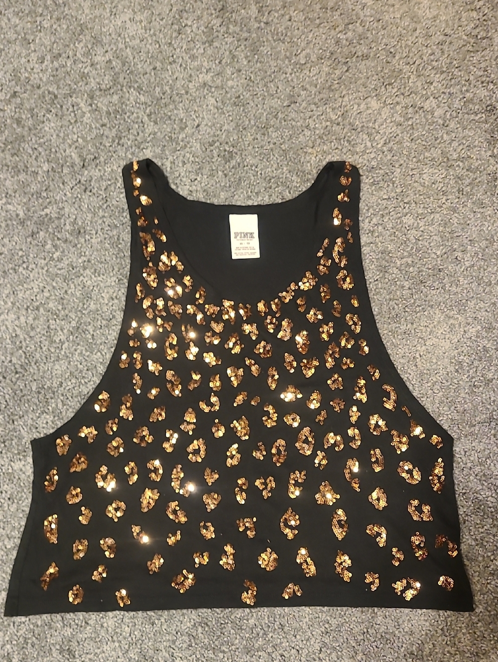 PINK Victoria's Secret Black Cropped Tank with Gold Sequin Cheetah Print